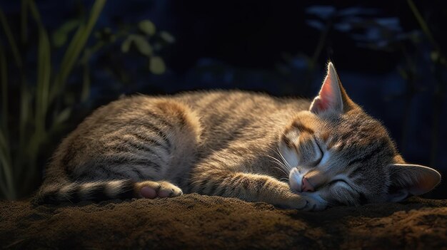 AI generated illustration of a domestic shorthair tabby cat taking a nap in a garden setting