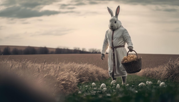 AI generated illustration of an Easter Bunny holding a basket of freshly decorated Easter eggs