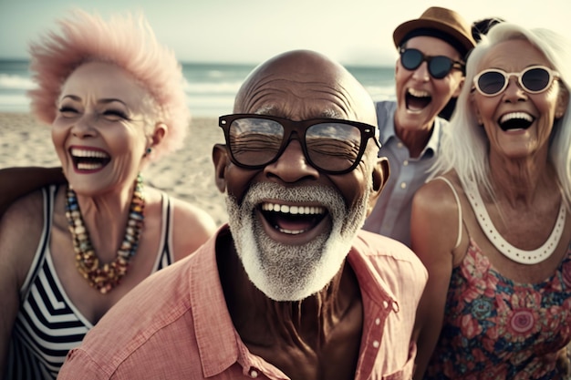 AI generated illustration of elderly group of friends enjoying a sunny day at the beach