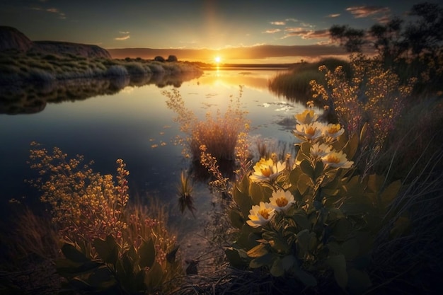 An AI generated illustration of an enchanting beauty of wildflowers during golden hour at a serene lake. Nature's splendor comes alive.