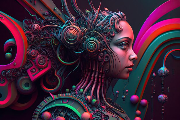 Photo ai generated illustration of an extraterrestrial female in front of a vibrant futuristic art