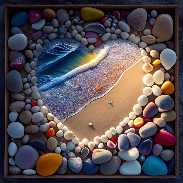 An AI generated illustration of an eye-catching arrangement of rocks and sand in a heart shape