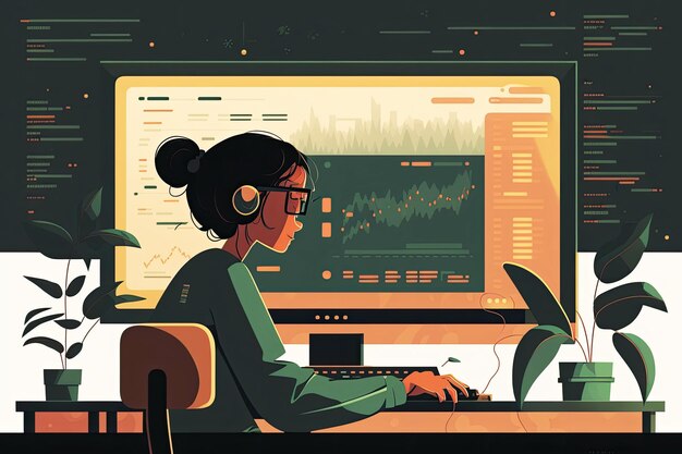 AI generated illustration female trader doing analysis and trading