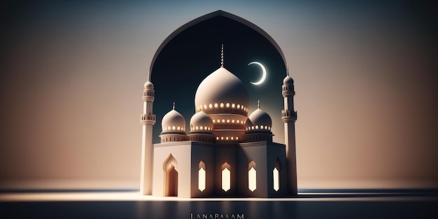 Ai generated illustration festive greeting card for Muslim holy month Ramadan Kareem with mosque and crescent