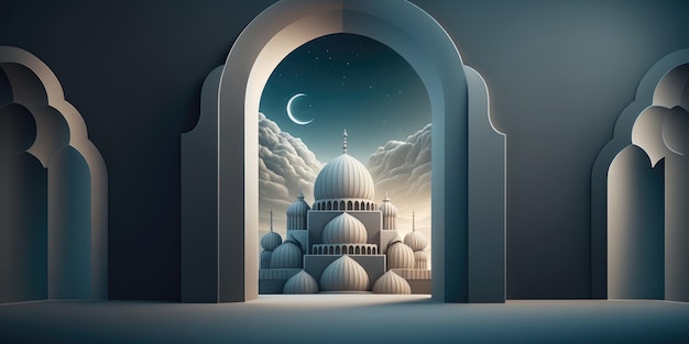 Ai generated illustration festive greeting card for Muslim holy month Ramadan Kareem with mosque and crescent