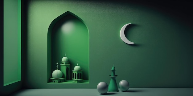 Ai generated illustration festive greeting card for Muslim holy month Ramadan Kareem with mosque and crescent