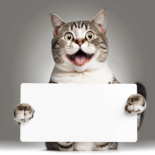 Ai generated illustration Funny cat portrait looking shocked or surprised holding a blank placrd