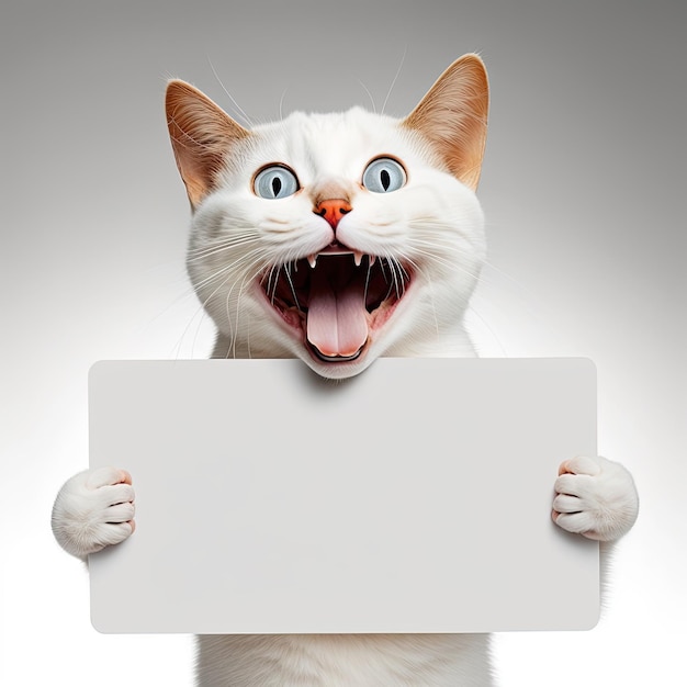 Ai generated illustration Funny cat portrait looking shocked or surprised holding a blank placrd