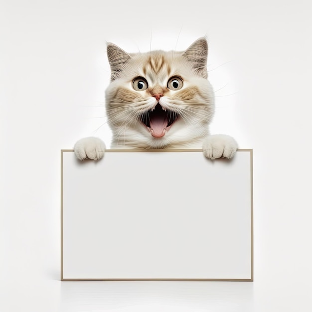 Ai generated illustration Funny cat portrait looking shocked or surprised holding a blank placrd