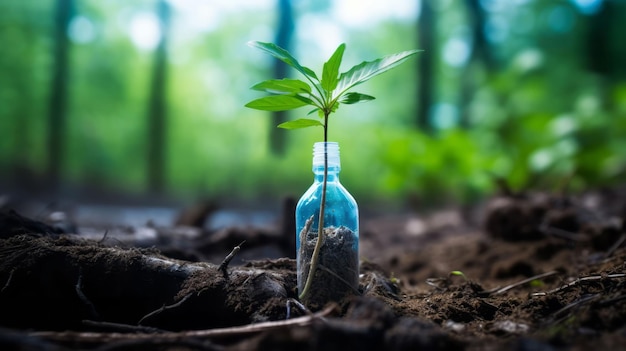 AI generated illustration of a glass bottle with an emerging green plant in a bed of soil