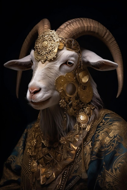 An AI generated illustration of a goat wearing an ornately decorated costume and jewelry piece s