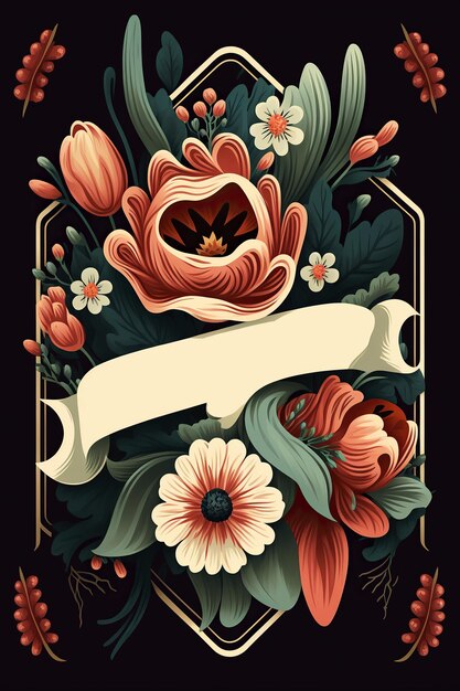 Ai generated illustration Gold frame floral border vintage illustration black background