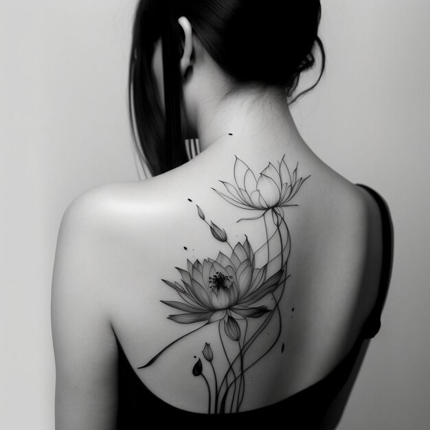 Photo ai generated illustration of a grayscale of an attractive woman with intricate back tattoo