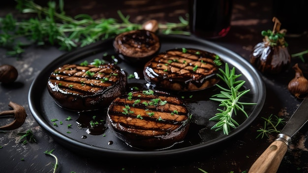 AI generated illustration of grilled eggplants stuffed with greens and sauce on a cutting board