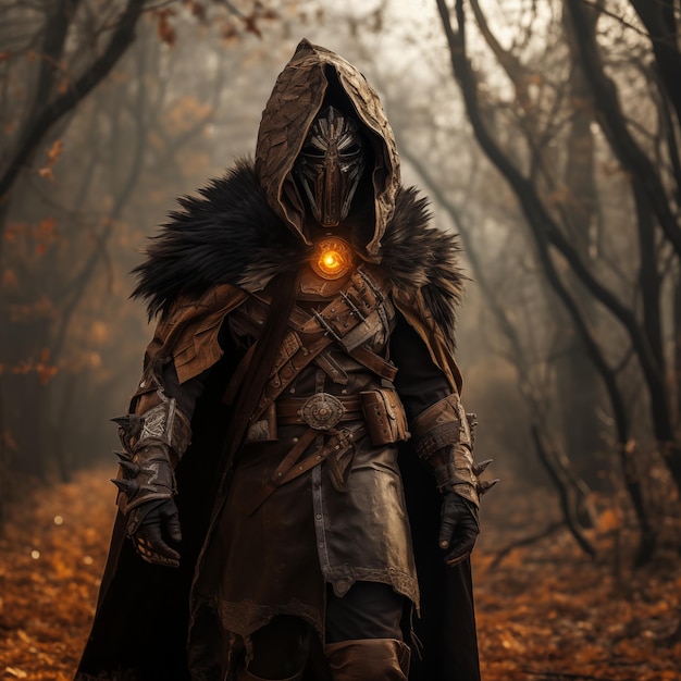 AI generated illustration of a hooded traveler in an autumn forest