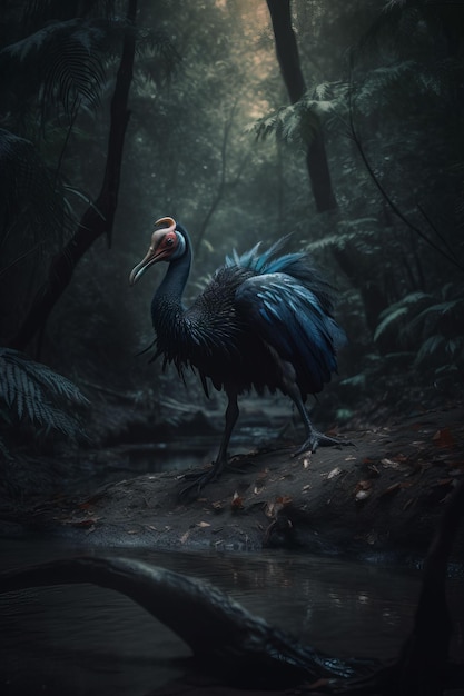 AI generated illustration of a hornbill bird walking through a lush tropical rainforest