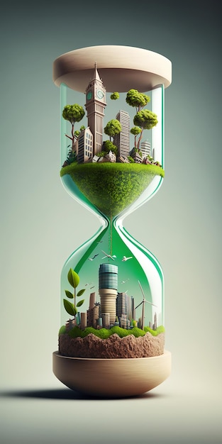 Ai generated Illustration A hourglass with green eco city