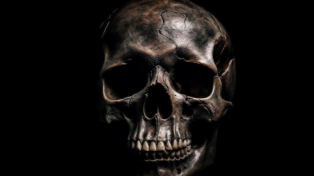 AI generated illustration of a human skull illuminated in a dark