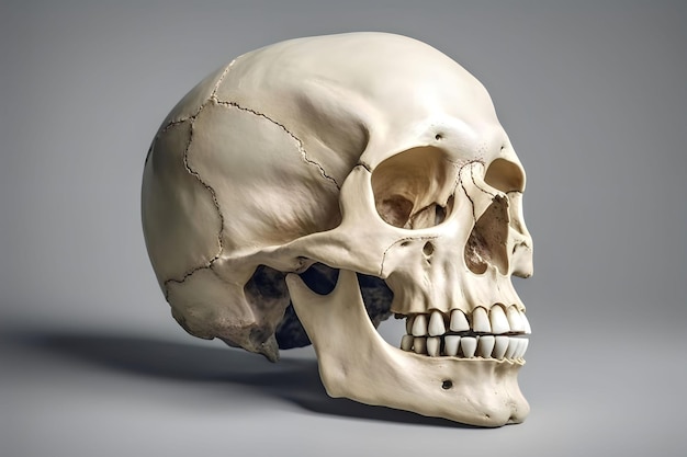 AI-generated illustration of a human skull isolated on a gray background.