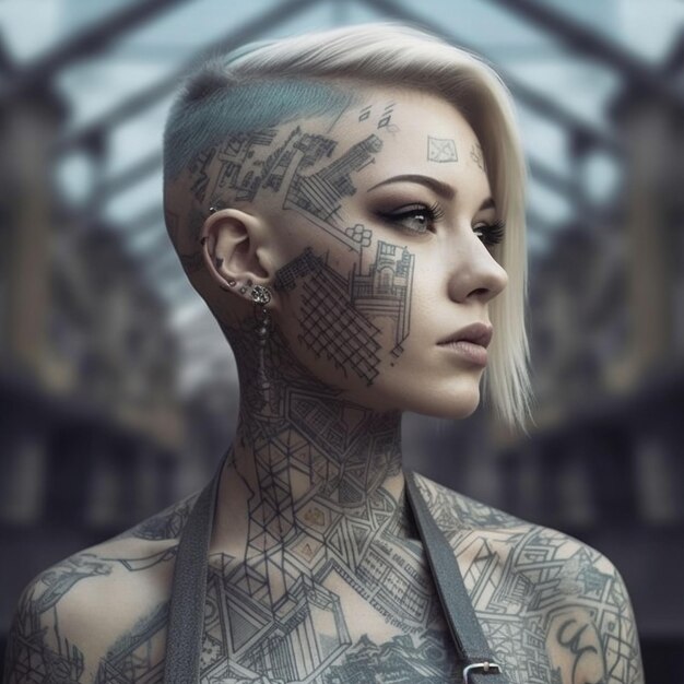 Photo ai generated illustration hyperrealistic portrait of a nonbinary architect with geometric tattoos