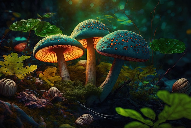 AI generated illustration of an image of a dark forest illuminated by glowing mushrooms