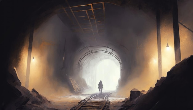 An AI generated illustration of the interior of a mine shaft enveloped in fog.