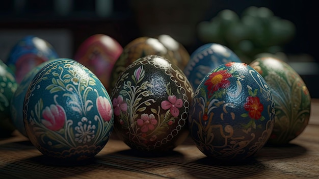 AI generated illustration of intricately decorated Easter eggs arranged on a wooden table