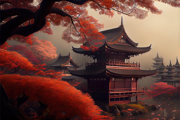 AI generated illustration of a Japanese temple and red trees around in foggy weather