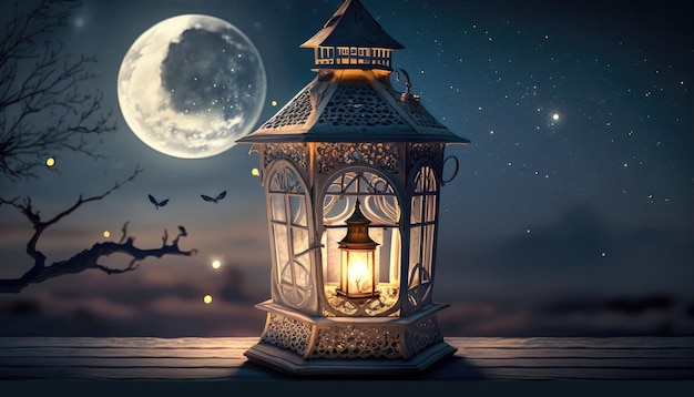 An AI generated illustration of Lantern on a roof at night with the moon in the background.