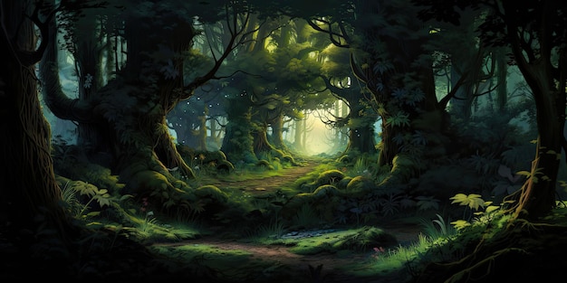 AI generated illustration of a lush green forest with a winding path cutting through the foliage