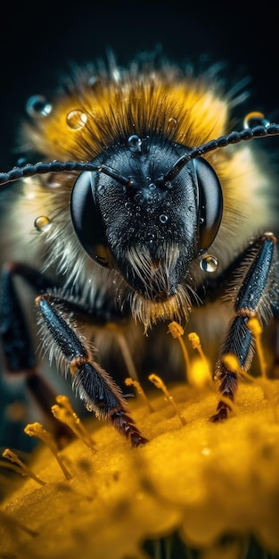 AI generated illustration of macro details on a fuzzy yellow bee wet with water droplets