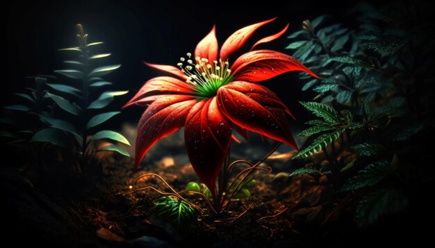 AI generated illustration of a magical Red Poinsettia flower shimmering in the darkness