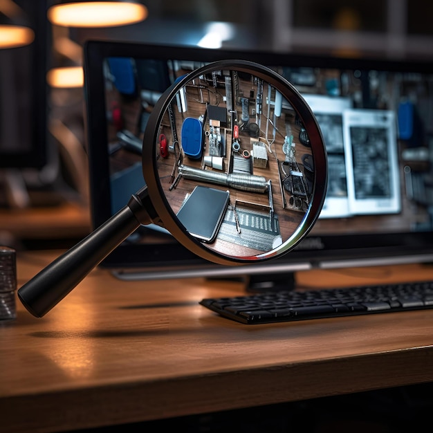 Photo ai generated illustration of a magnifying glass focusing on a computer screen