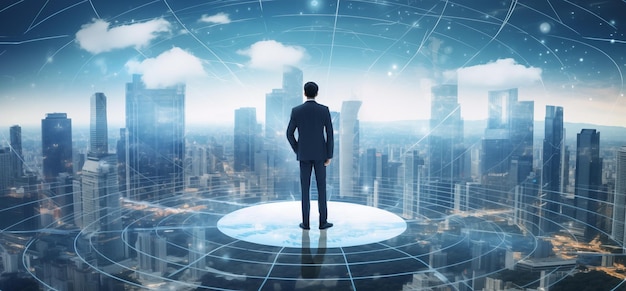 AI generated illustration of a man standing on high platform overlooking cityscape