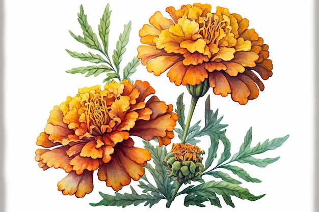 AI generated illustration of Marigolds (Tagetes) isolated on white background