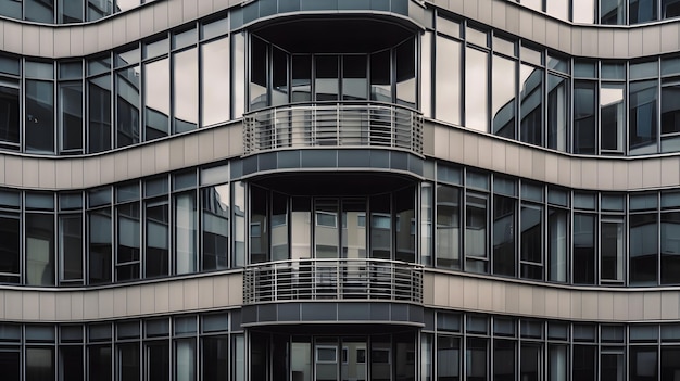 An Ai generated illustration of a modern building with a glass facade and multiple windows reflecting the surrounding cityscape