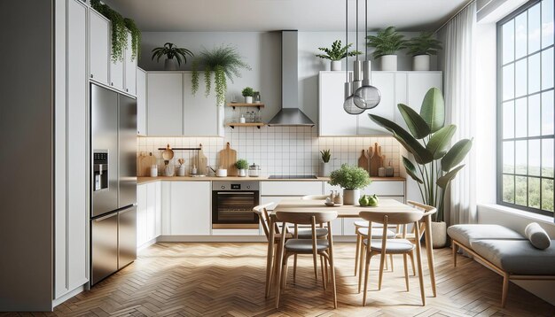 AI generated illustration of modern white kitchen with wooden flooring cabinets and oven