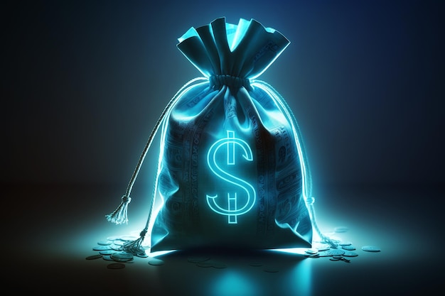 Ai generated illustration Money bag neon sign Bright glowing symbol