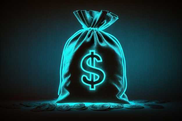 Ai generated illustration Money bag neon sign Bright glowing symbol