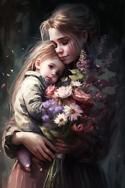 Ai generated illustration Mother and child Mom hugging her daughter with a lot of love and tendernes