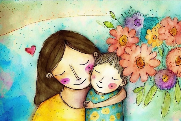 Ai generated illustration Mother and child Mom hugging her daughter with a lot of love and tendernes