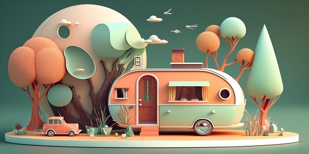 Ai generated illustration motorhome caravan camping against trees pastel color