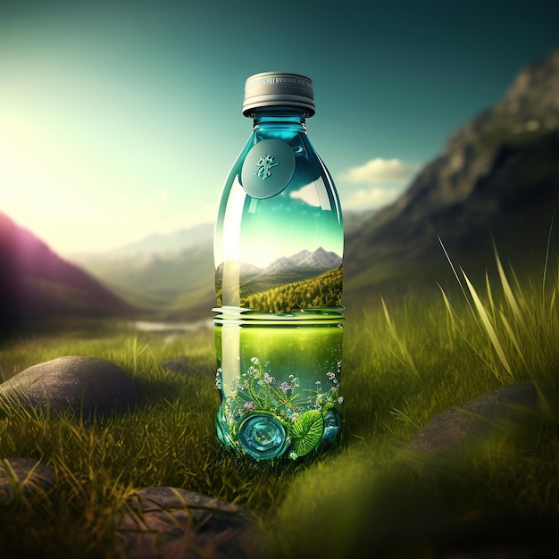 Ai generated illustration Mountain natural spring mineral water in bottles