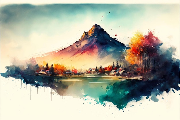 AI generated illustration of mountainous rural landscape sketch