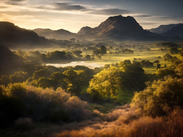 AI generated illustration of a mountainous valley illuminated by golden rays of sunlight