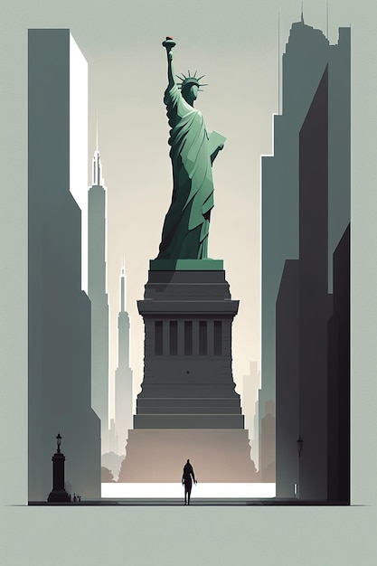 Ai generated illustration new york city liberty statue skyline with people walking on street