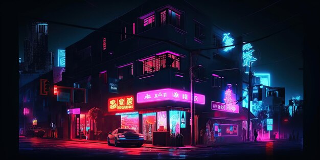 Ai generated illustration night view city citycape neon pink light residential buildings