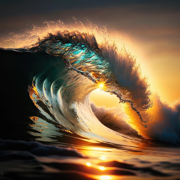 Ai generated illustration Ocean wave curl with sunlight beam Surfing concept