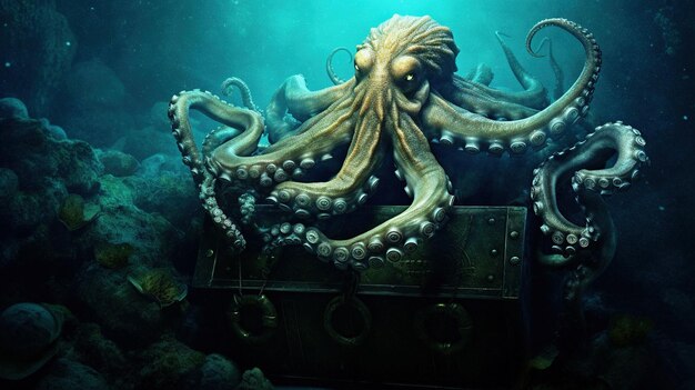 AI generated illustration of an octopus on a chest under the sea