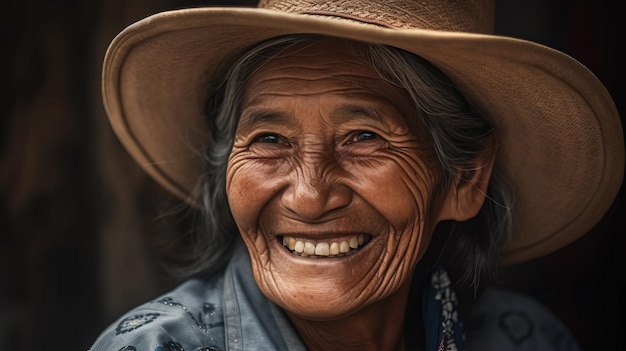 AI generated illustration of an old woman with a warm smile, wearing a hat